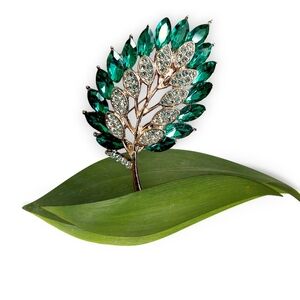 Green Rhinestone Leaf Brooch